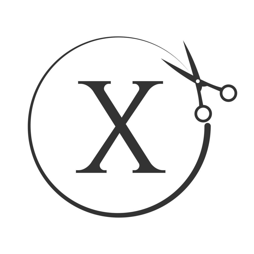 salong och hår skärande logotyp på brev x tecken. sax ikon med logotyp begrepp vektor