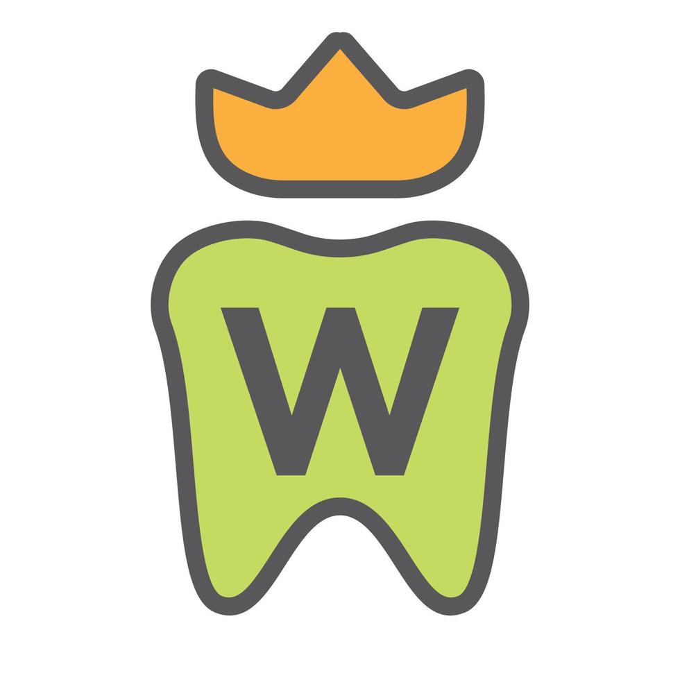 dental logotyp design på brev w krona symbol. dental vård logotyp tecken, klinik tand kung logotyp design med lyx vektor mall