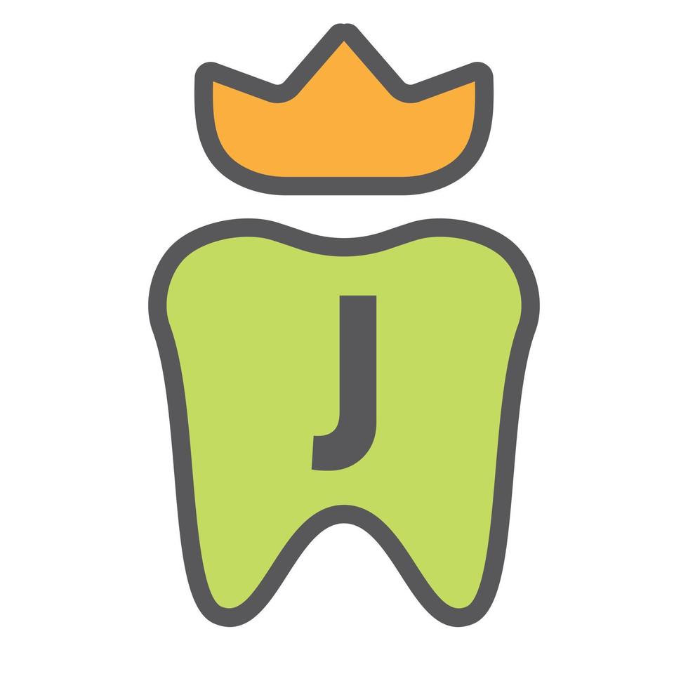 dental logotyp design på brev j krona symbol. dental vård logotyp tecken, klinik tand kung logotyp design med lyx vektor mall