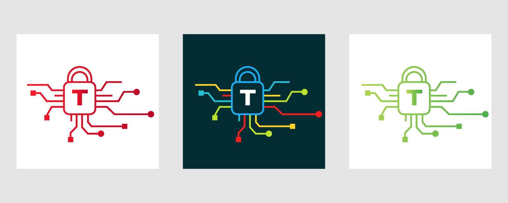 buchstabe t cybersicherheitslogo. Internet-Sicherheitszeichen, Cyber-Schutz, Technologie, Biotechnologie-Symbol vektor