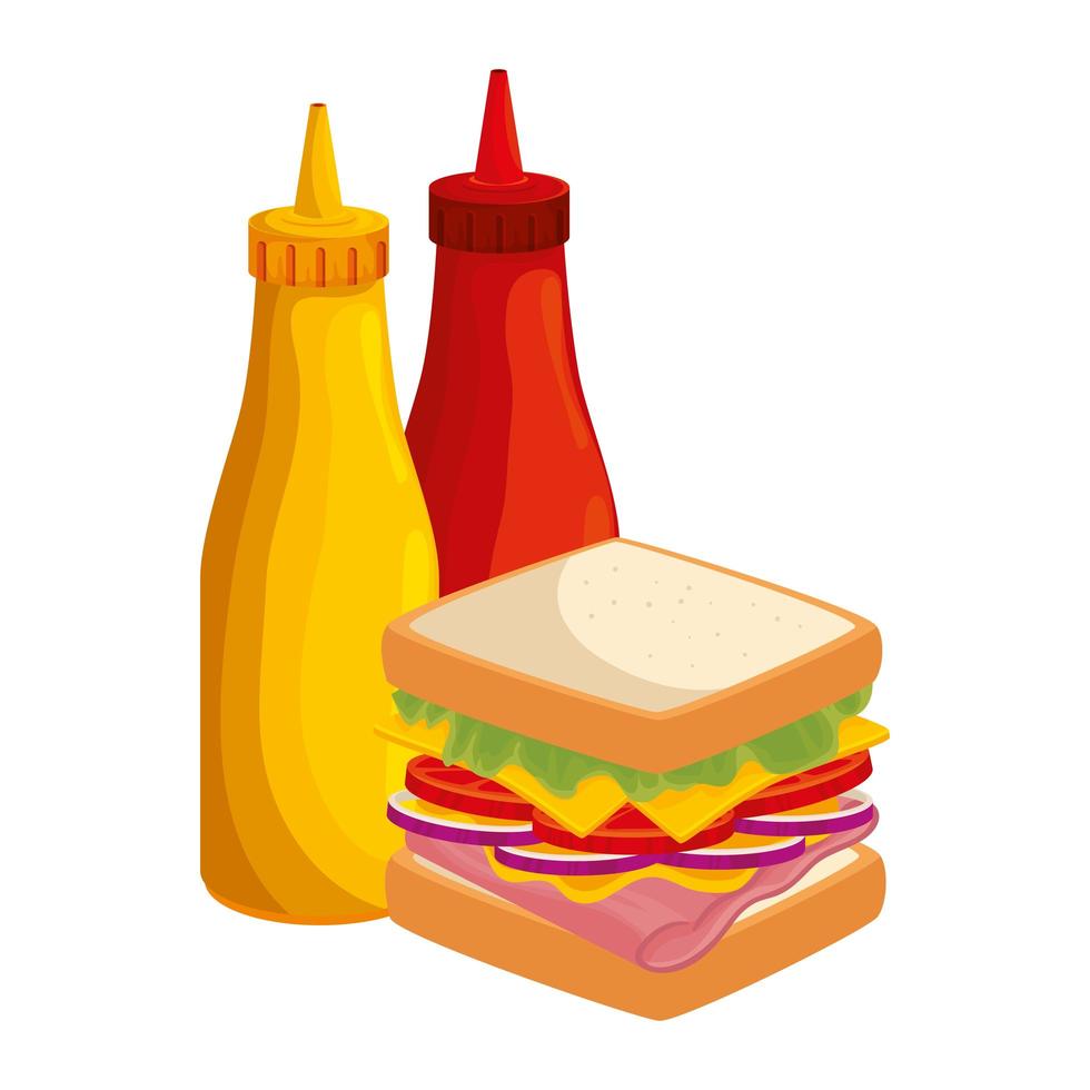 köstliches Sandwich mit Flaschen Saucen Essen isolierte Ikone vektor