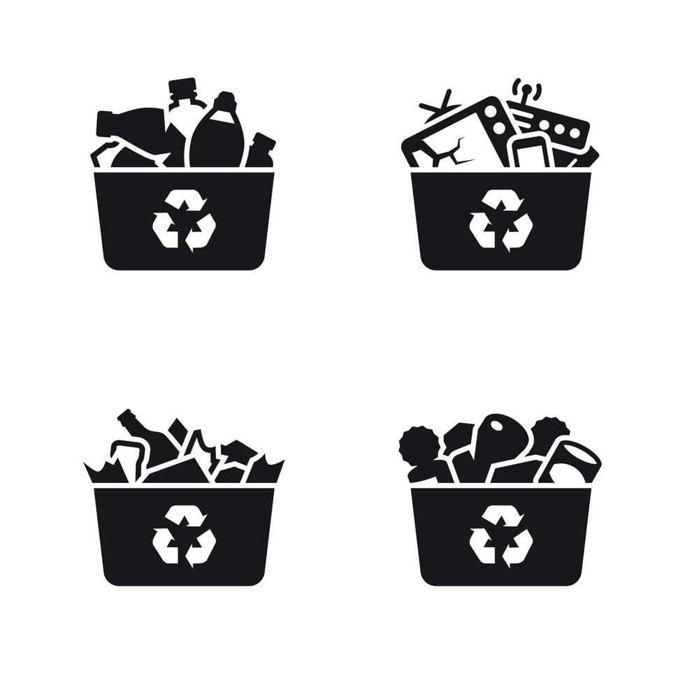 Recycling von Symbolen aus Glas, Kunststoff, Metall und Elektroschrott. schwarz auf weißem Grund vektor