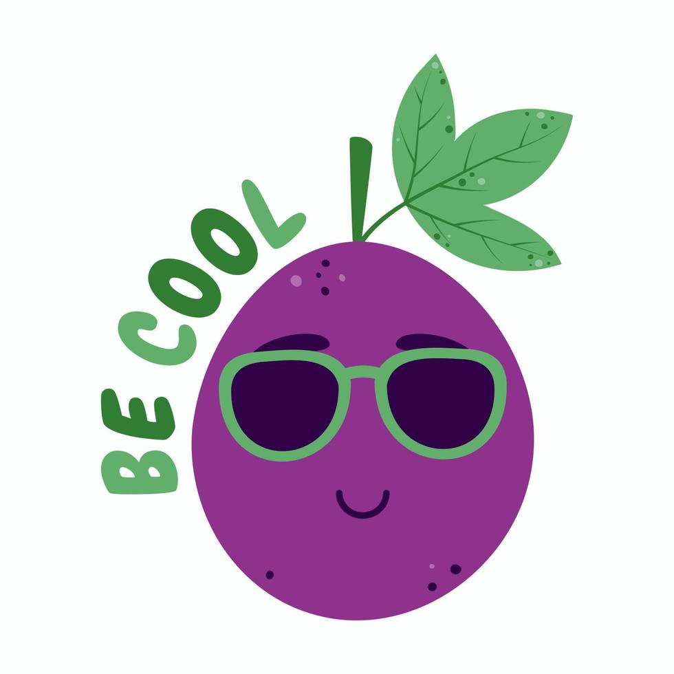 Happy Kawaii Passionsfrucht in Sonnenbrille mit der Aufschrift be cool. Cartoon-Maskottchen-Frucht-Charakter. isolierte Vektorillustration auf weißem Hintergrund. vektor