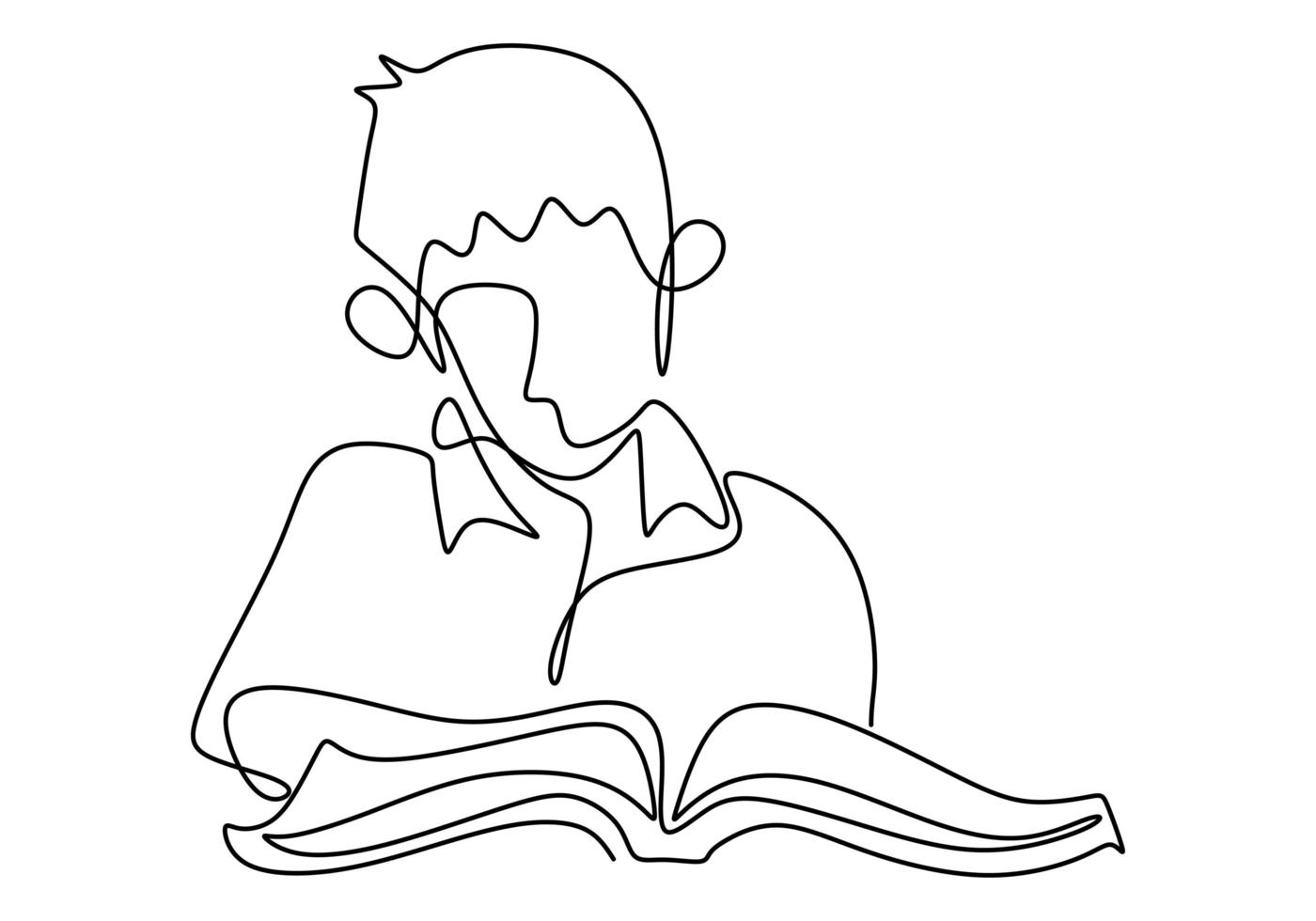 enda kontinuerlig linje ritning pojke fokus läsa bok. sitter och studerar med sin bok. vektor illustration