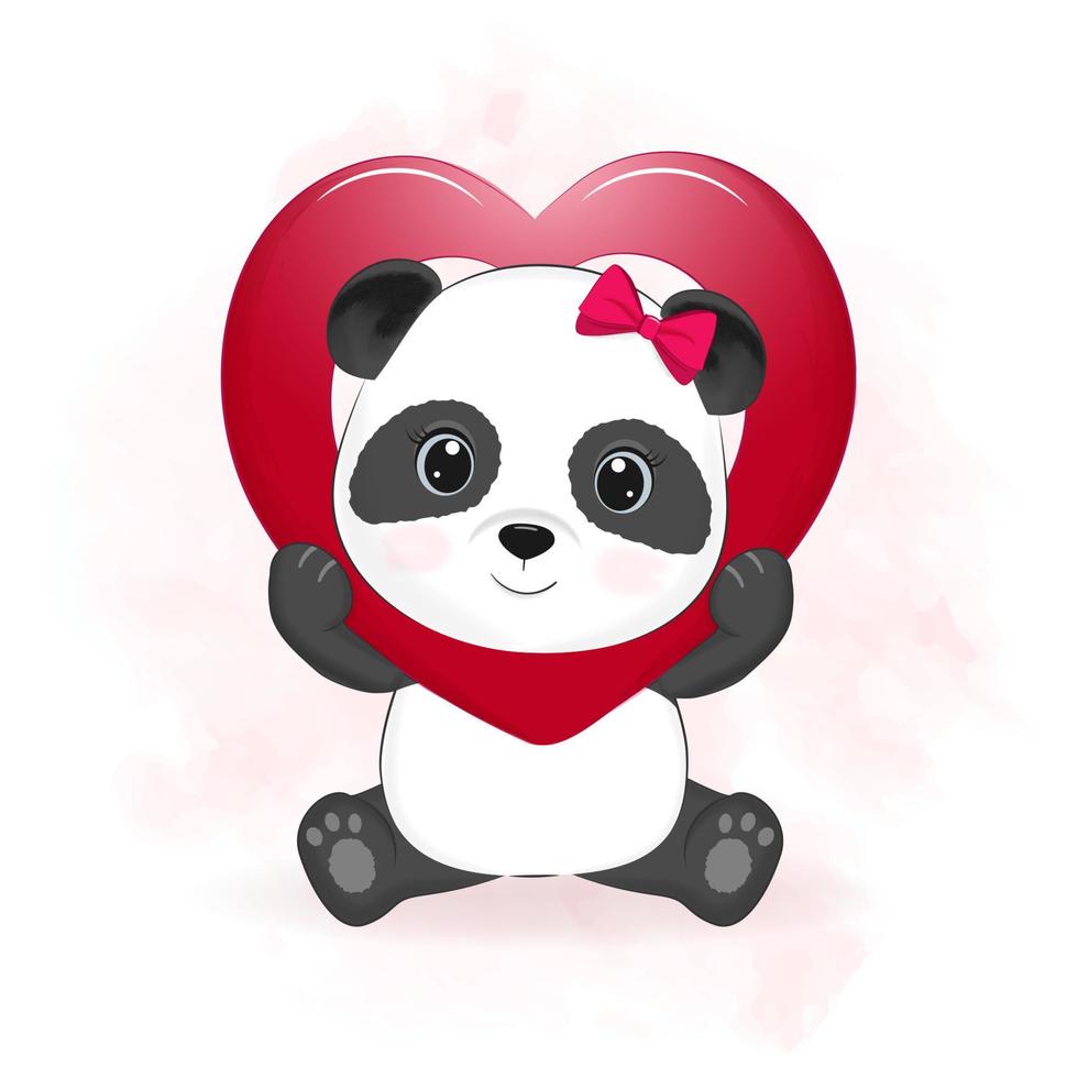 niedliche panda- und herz-valentinstag-konzeptillustration vektor