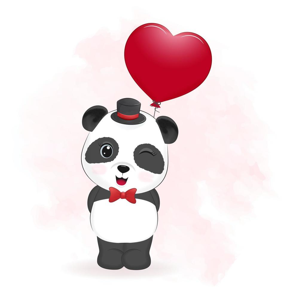 süßer panda und herzballon, valentinstag-konzeptillustration vektor