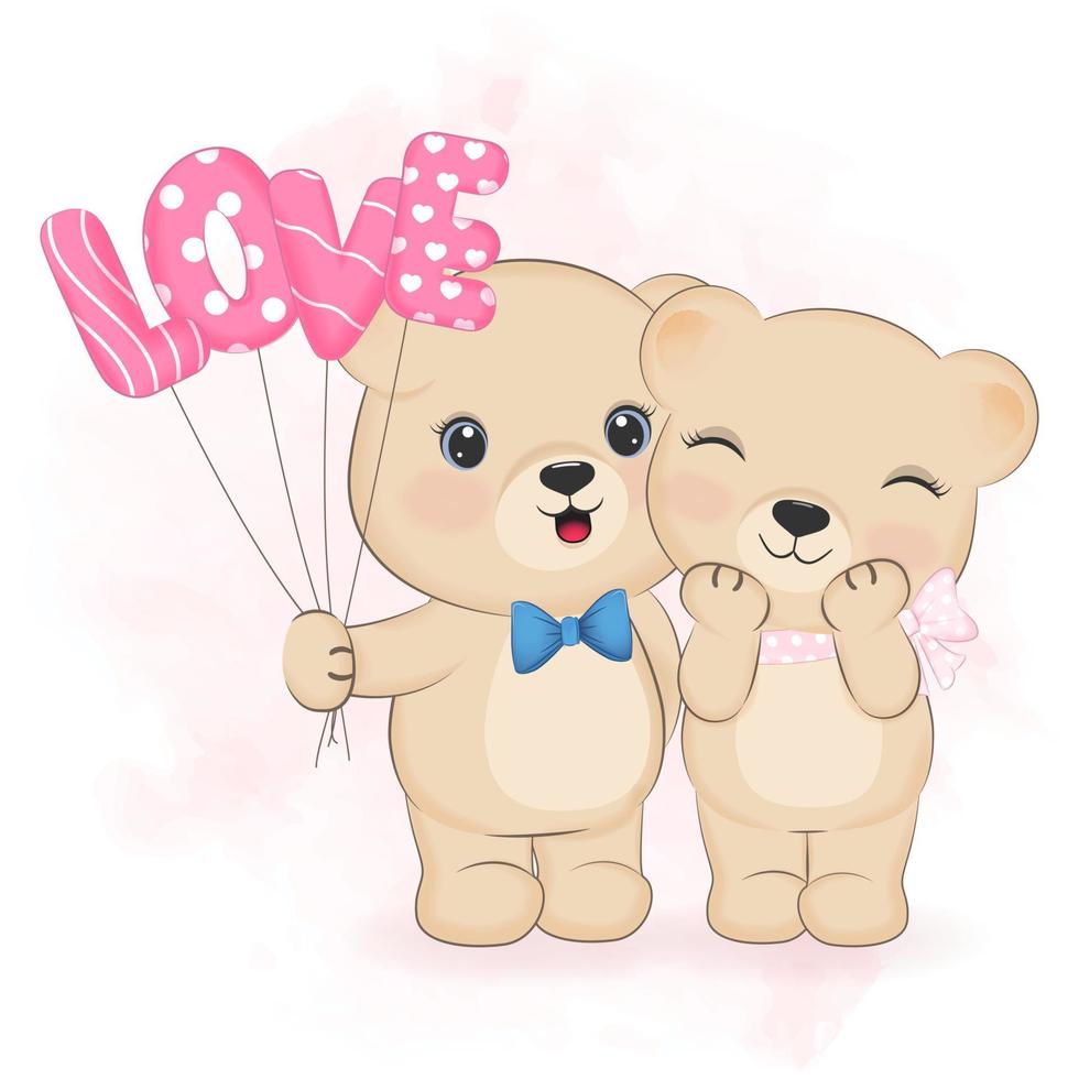 söt par teddy Björn med kärlek ballong. hjärtans dag begrepp illustration vektor