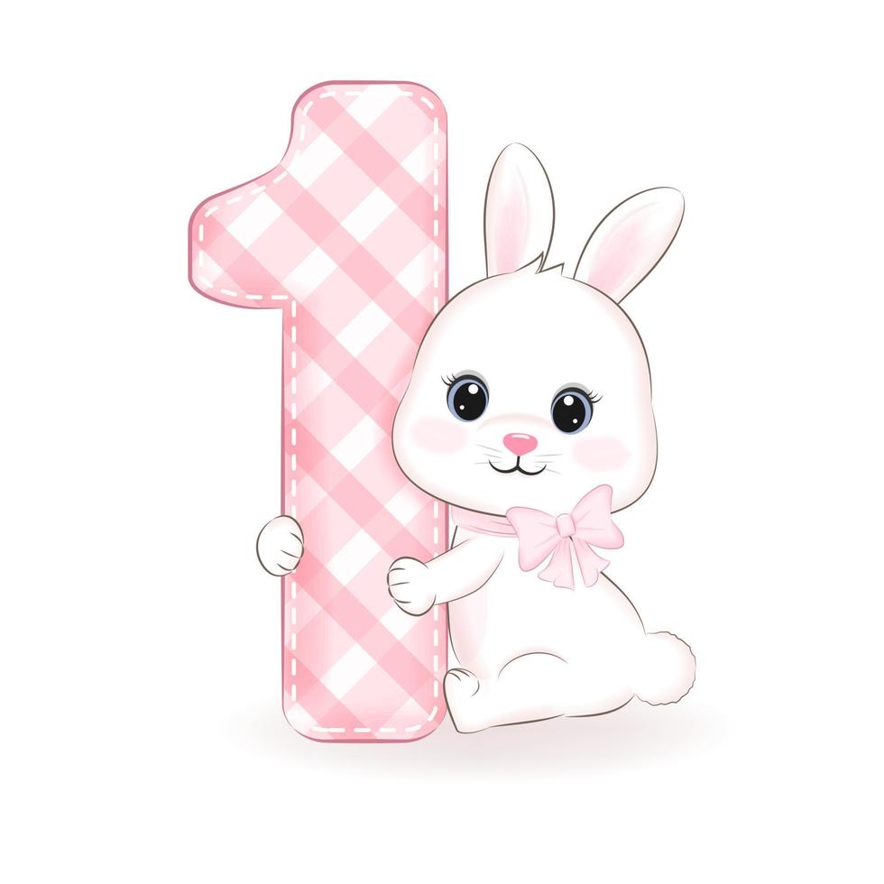 süßes kleines Kaninchen, erste Geburtstagsfeier, alles Gute zum Geburtstag 1 Jahr alt vektor