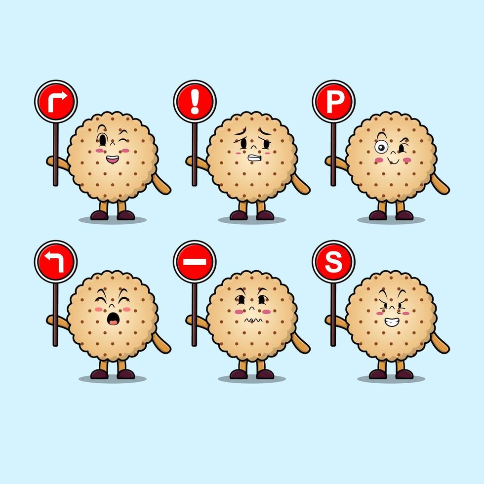 niedliche kekse zeichentrickfigur halten verkehrszeichen vektor