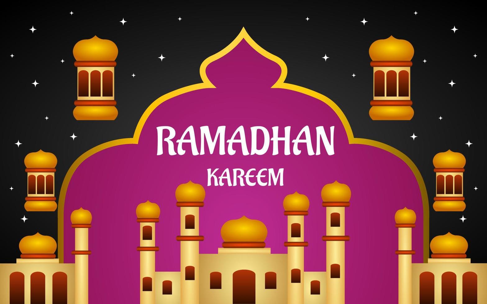 ramadan kareem illustration mit moschee und laterne auf schwarzem hintergrund vektor