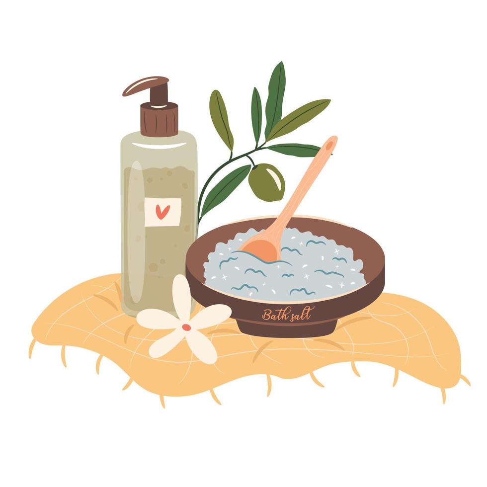 bad hav salt och oliv olja kropp gel. spa avslappning begrepp, vektor illustration