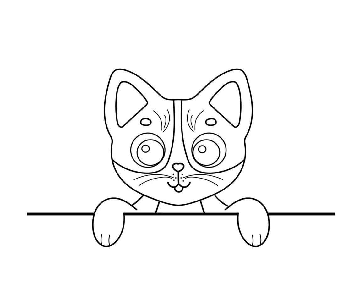 Vektor-Illustration Charakter Katze. Umriss lustiger Cartoon, der Miezekatze späht. Linienskizze Tier für Malbuch isoliert auf weiß vektor
