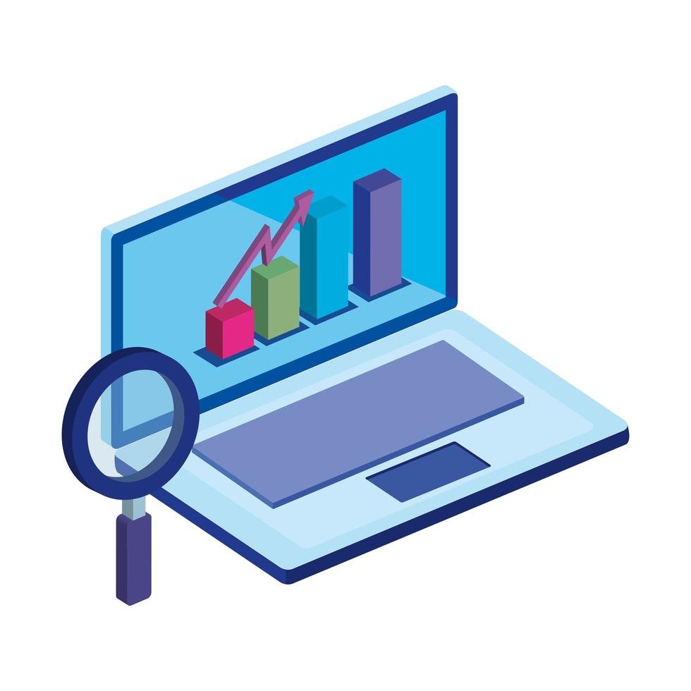 bärbar dator med statistik och förstoringsglas vektor
