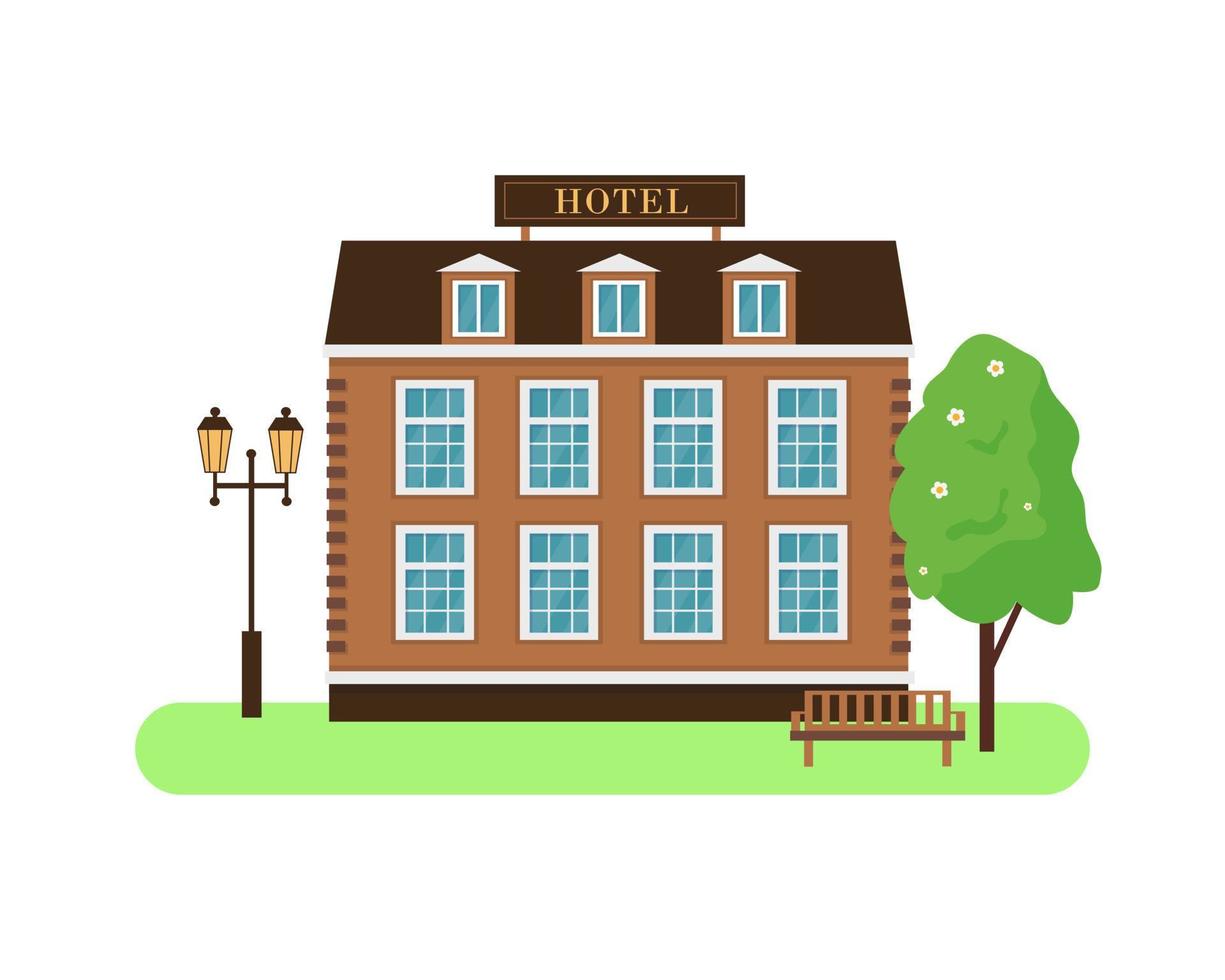 hotell byggnad exteriör vektor illustration isolerat på vit bakgrund. Fasad av hotell, vandrarhem eller lägenheter.