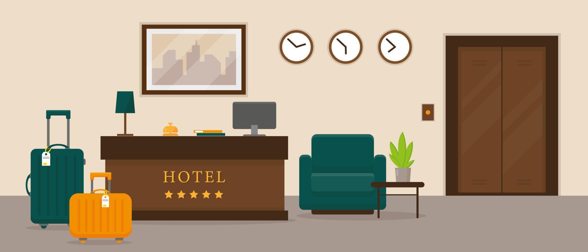 hotell reception interiör design. tillflykt hall vektor illustration.
