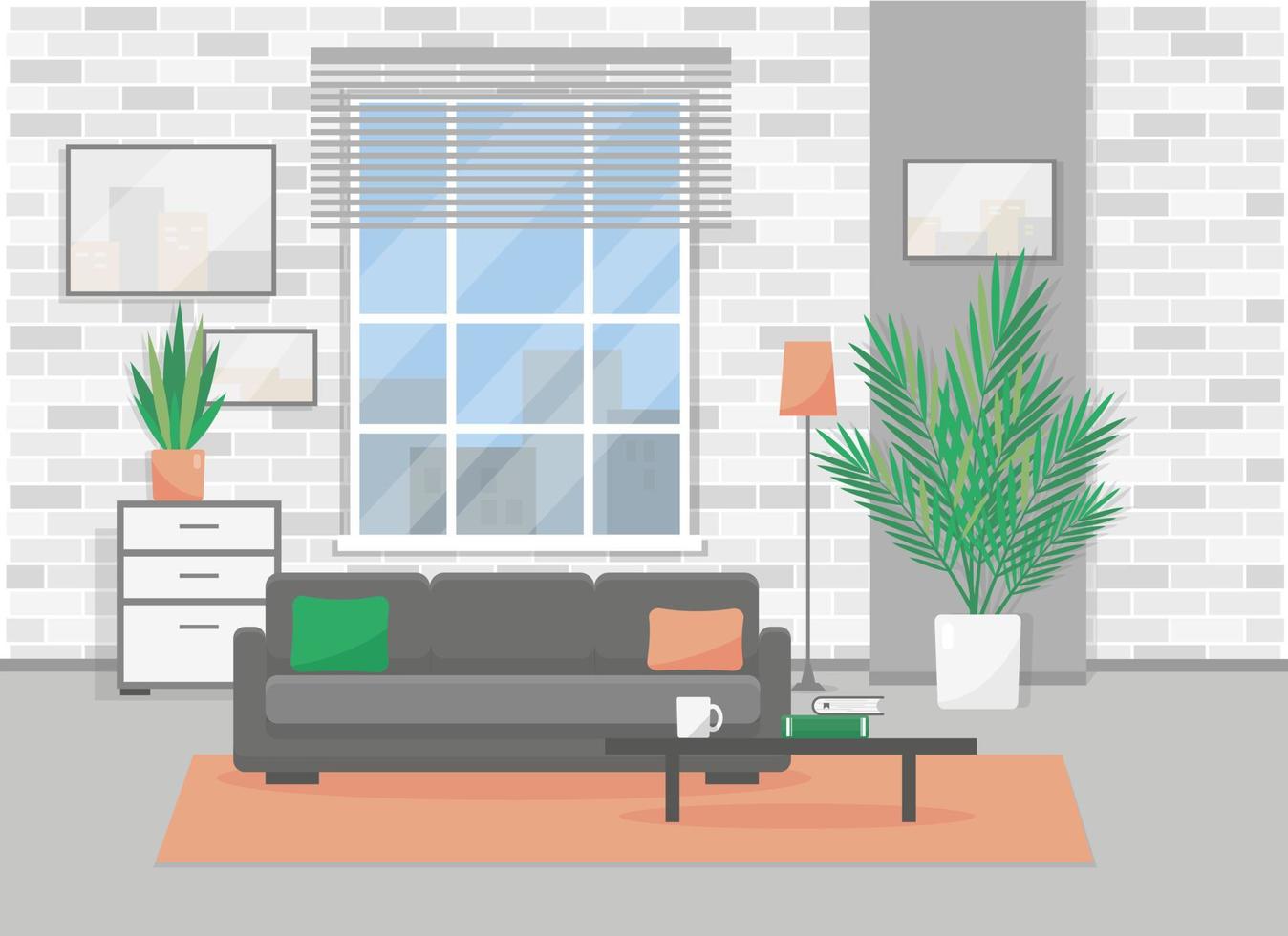 levande rum interiör i modern loft stil. lägenhet med fönster och möbel. platt vektor illustration.