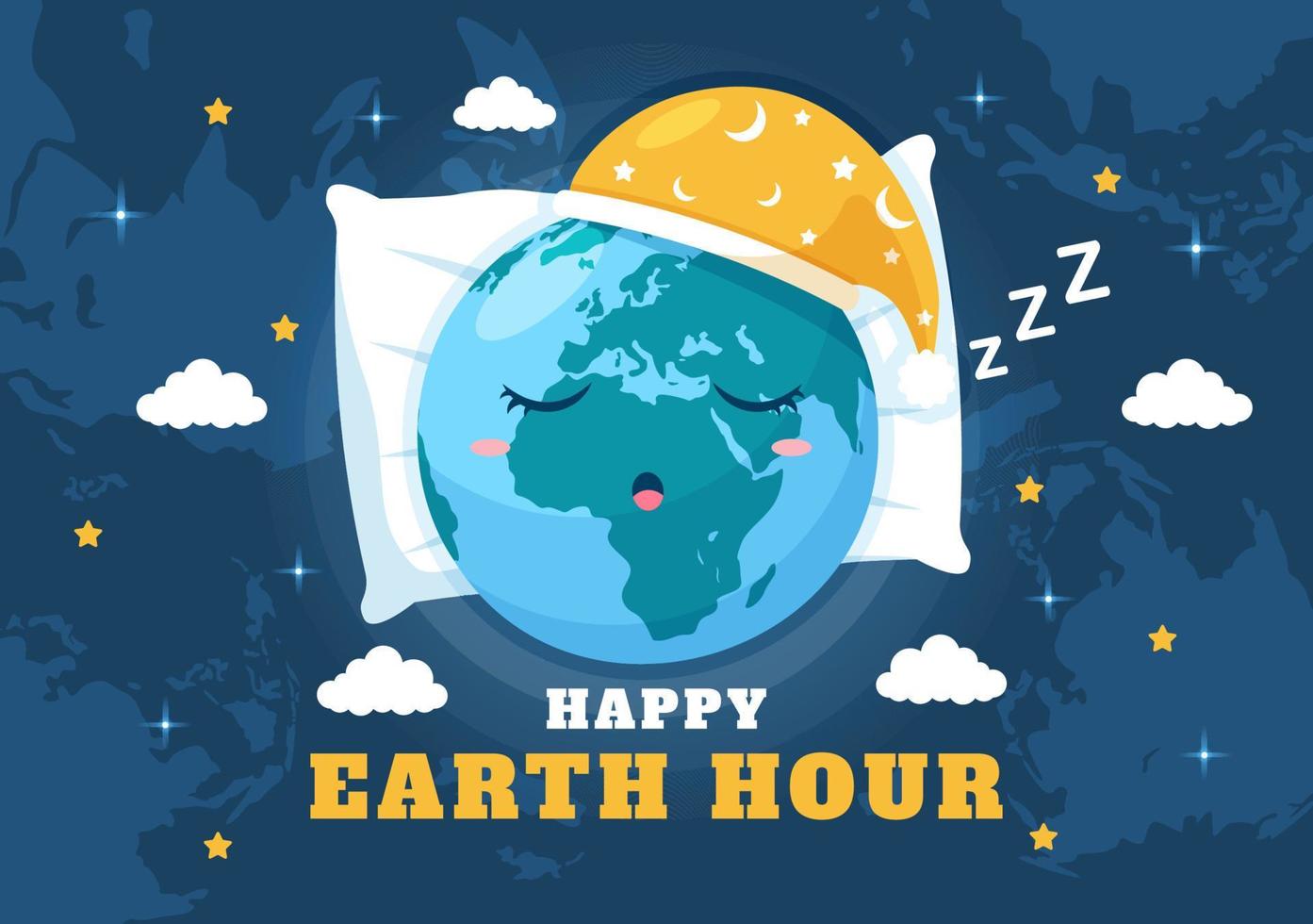 Lycklig jord timme dag illustration med glödlampa, värld Karta och tid till sväng av i platt sömn tecknad serie hand dragen landning sida mallar vektor