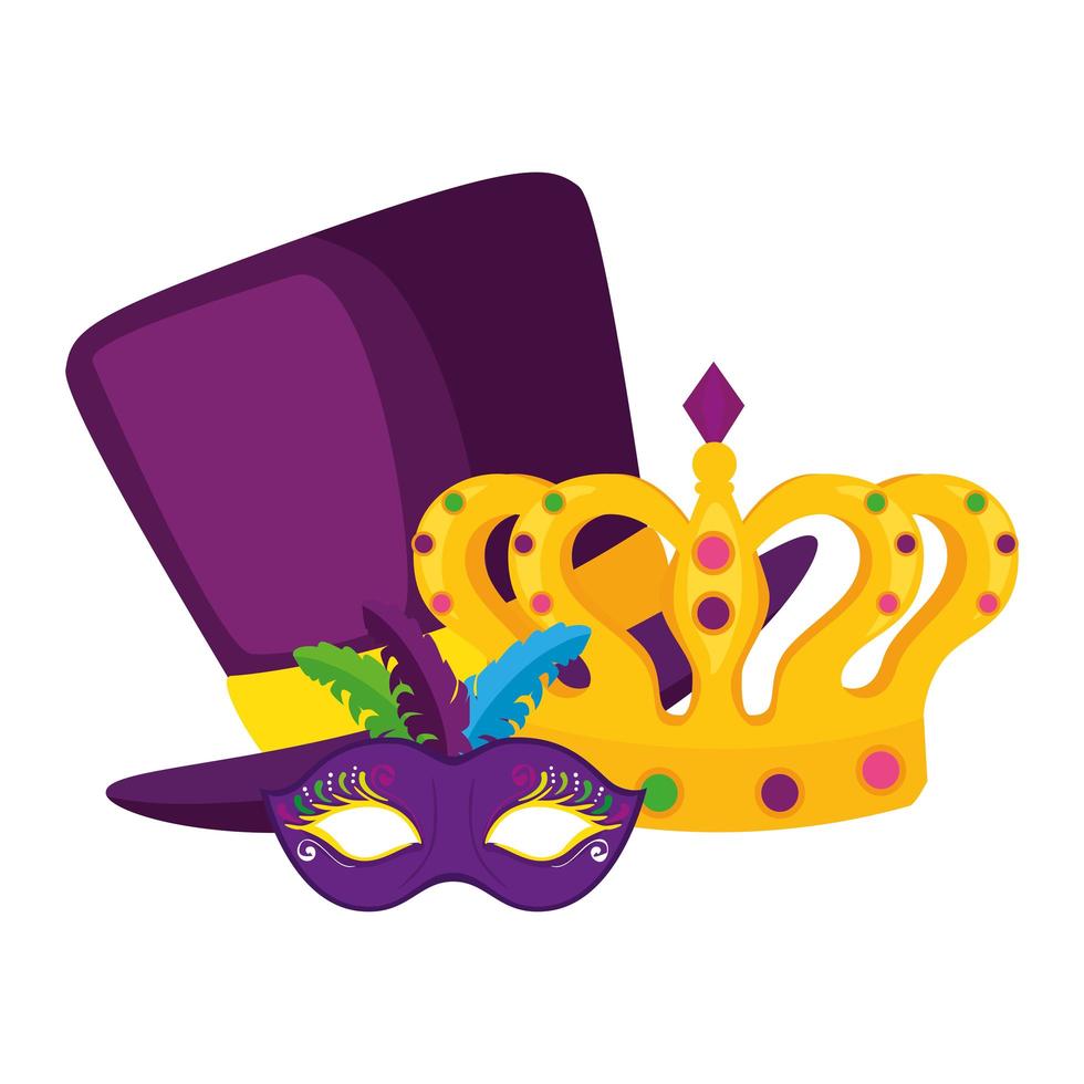 isolerad mardi gras mask hatt och krona vektor design