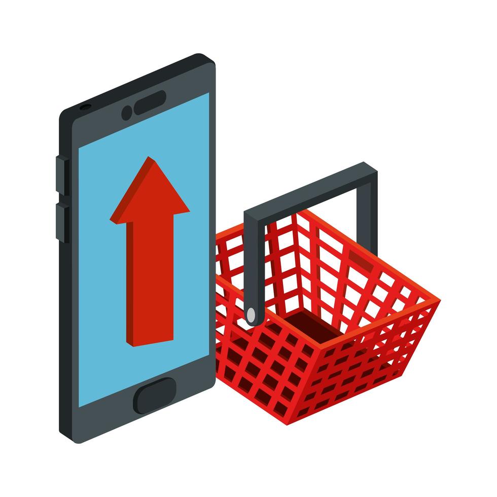 smartphone enhet med korg shopping isolerad ikon vektor