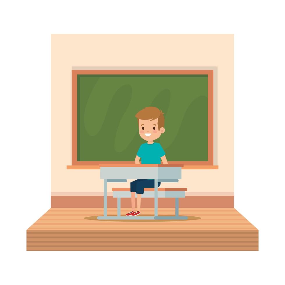 liten studentpojke som sitter i skolbänken i klassrummet vektor