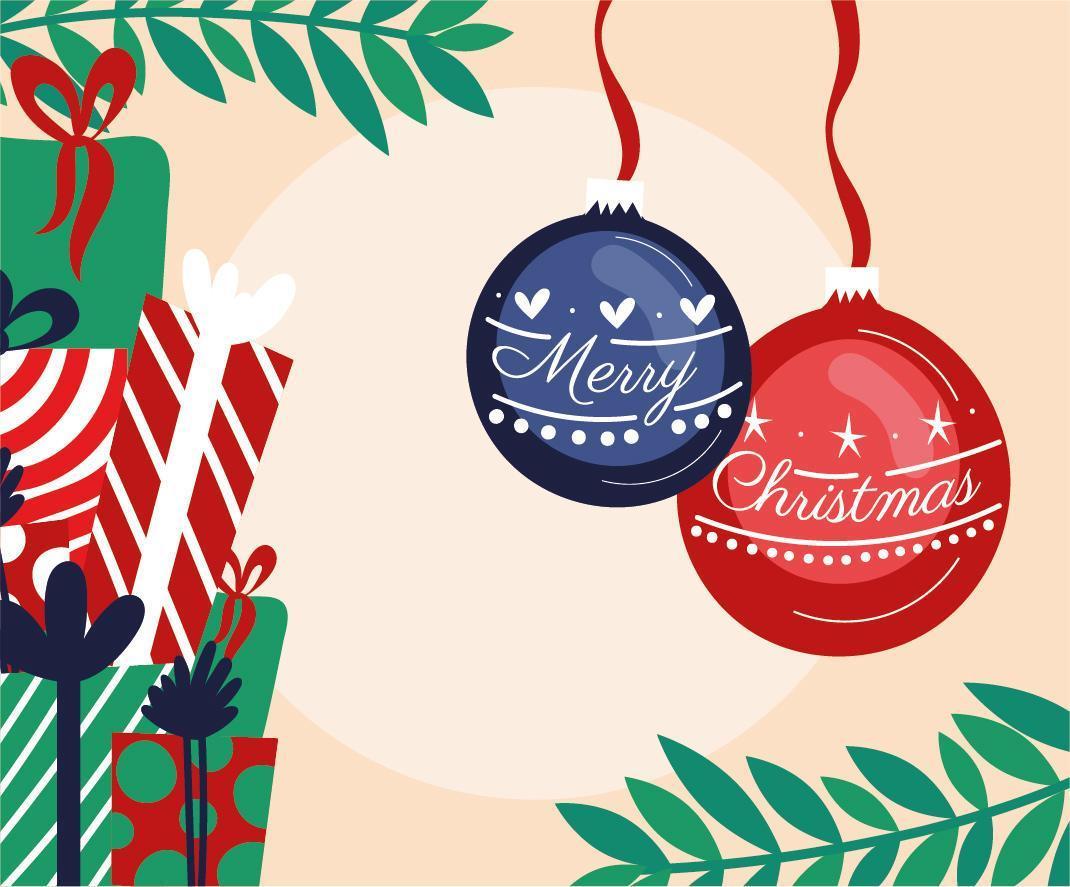Frohe Weihnachtskarte mit hängenden Ornamenten vektor