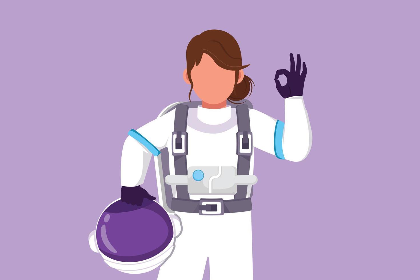 charakterflache zeichnung einer aktiven astronautin, die einen helm mit einer okaygeste hält, die einen raumanzug trägt, der bereit ist, den weltraum auf der suche nach den geheimnissen des universums zu erkunden. Cartoon-Design-Vektor-Illustration vektor