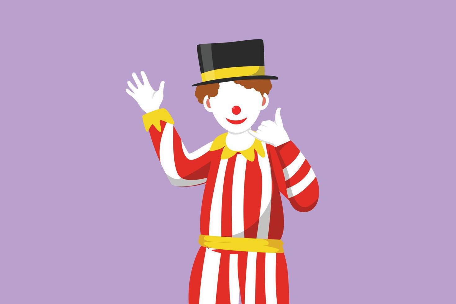 grafisk platt design teckning manlig clown hand säga Hej och Övrig hand med ring upp mig gest. ha på sig hatt och leende ansikte smink. underhålla barn på födelsedag fest eller cirkus. tecknad serie stil vektor illustration