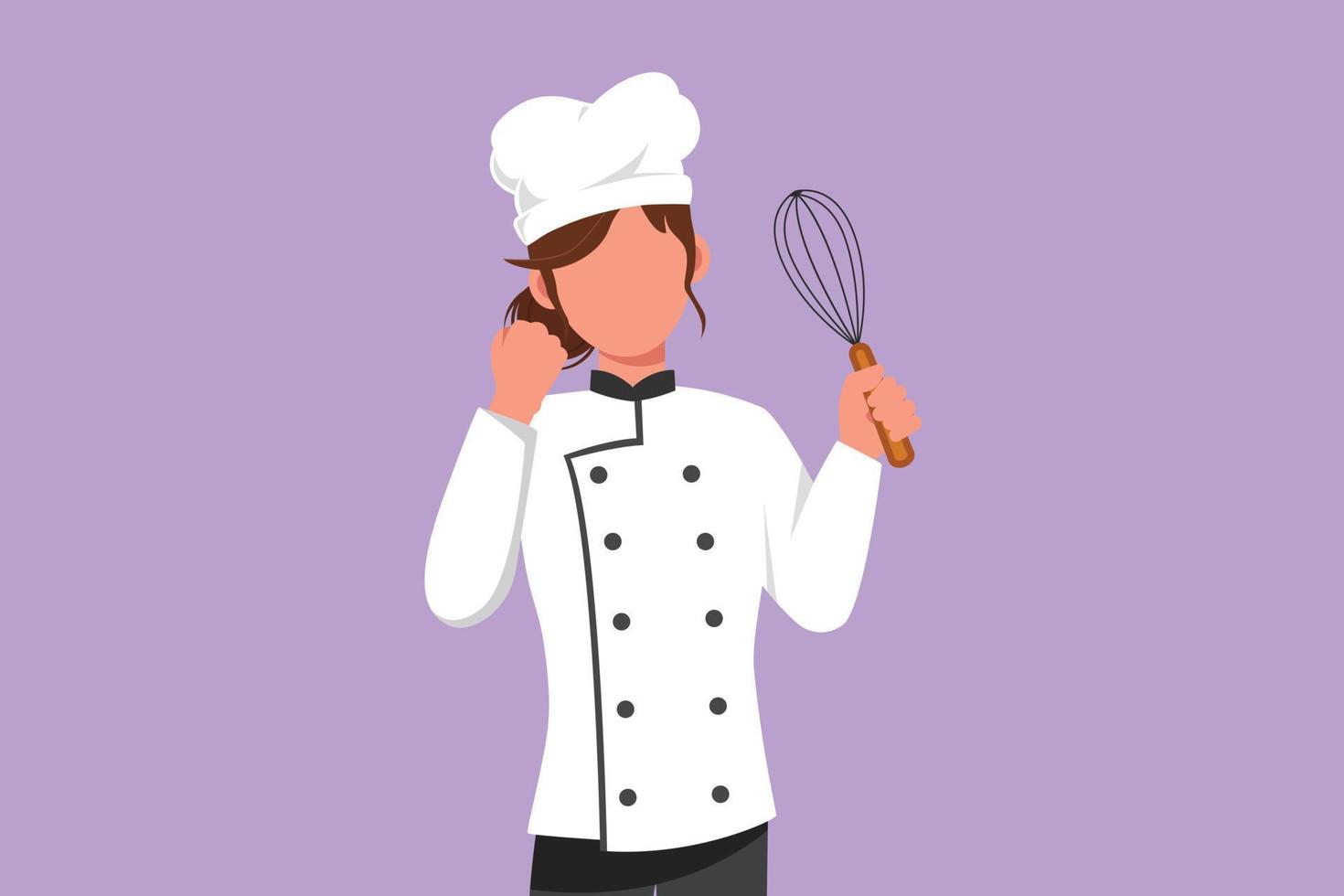 grafisk platt design teckning kvinna kock innehav ägg visp med fira gest, provsmakning utsökt kaka. bär enhetlig redo till laga mat mat för gäst i restaurang. tecknad serie stil vektor illustration