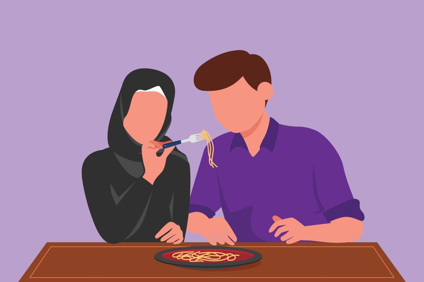 tecknad serie platt stil teckning man och kvinna äter pasta tillsammans. Lycklig arab par karaktär Sammanträde på tabell äter färsk italiensk kök pasta spaghetti snabb mat. grafisk design vektor illustration