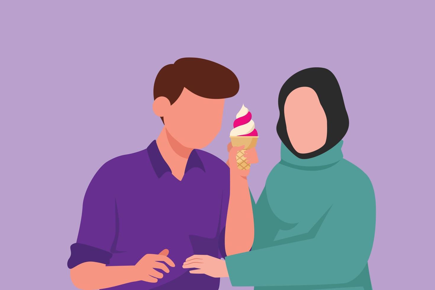 flache art der karikatur, die romantisches arabisches paar steht und eistüte teilt. Feiern Sie Jubiläen und genießen Sie einen Fast-Food-Snack im Restaurant. süßer Nachtisch. Grafikdesign-Vektorillustration vektor