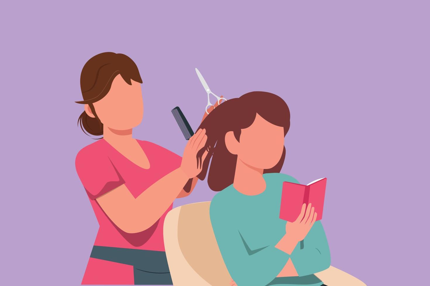 karaktär platt teckning av skön kvinna läsning bok i frisör och väntar för resultat. lysande skönhet med ny frisyr på salong. hår stil företag begrepp. tecknad serie design vektor illustration