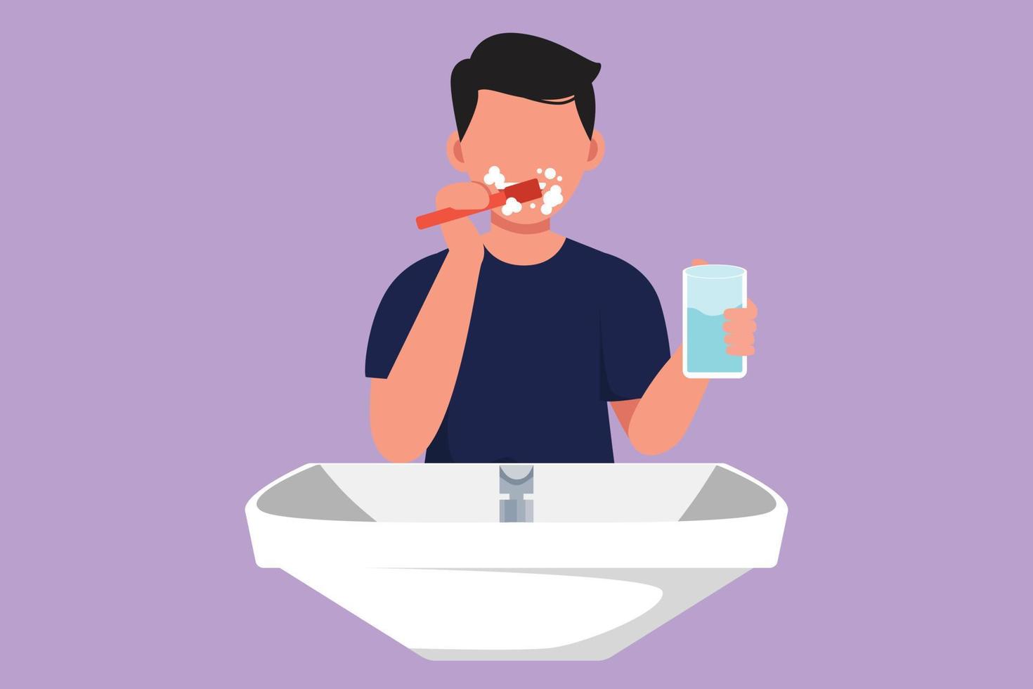 karaktär platt teckning aktiva man pensling tänder i handfat. rutin- vanor varje morgon- för renlighet, hälsa, friskhet av mun och tänder. friska tänder kampanj. tecknad serie design vektor illustration