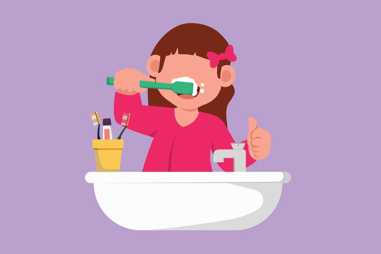 tecknad serie platt stil teckning Lycklig liten flicka pensling henne tänder med tummen upp gest. barn rutin- vana för renlighet, hälsa, friskhet av mun och tänder. grafisk design vektor illustration