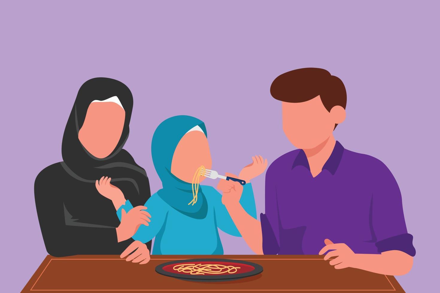 karaktär platt teckning ung arab familj har lunch tillsammans i restaurang. föräldrar matar de dotter med kärlek. Lycklig liten familj äter nudel eller spaghetti. tecknad serie design vektor illustration