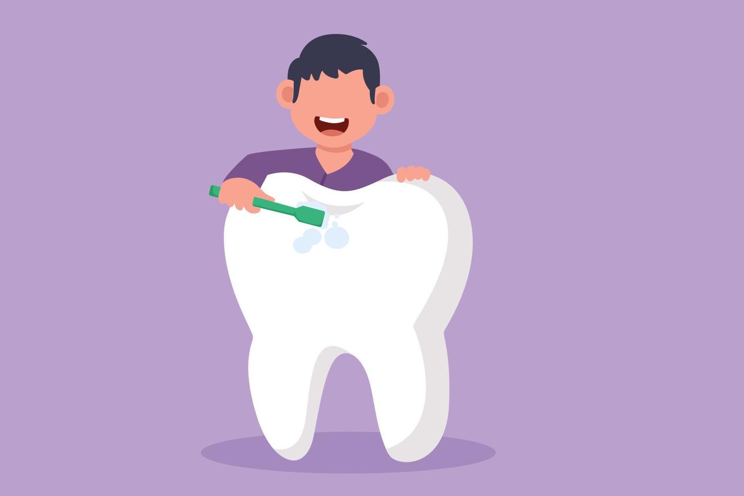 Cartoon Flat Style Zeichnung kleiner Junge, der riesige Zähne mit Zahnbürste putzt. Zahnklinik, Zahnklinik, Mundpflegezentrum. Kampagne gesunde Zähne für Kinder. Grafikdesign-Vektorillustration vektor