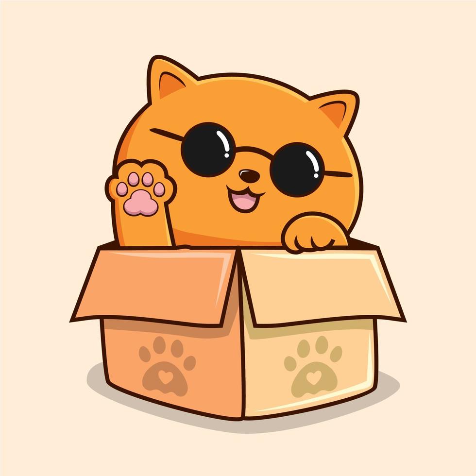 orangefarbene Katze in Box Cartoon winkende Hand - süße Pussy-Katze mit Brille cool vektor