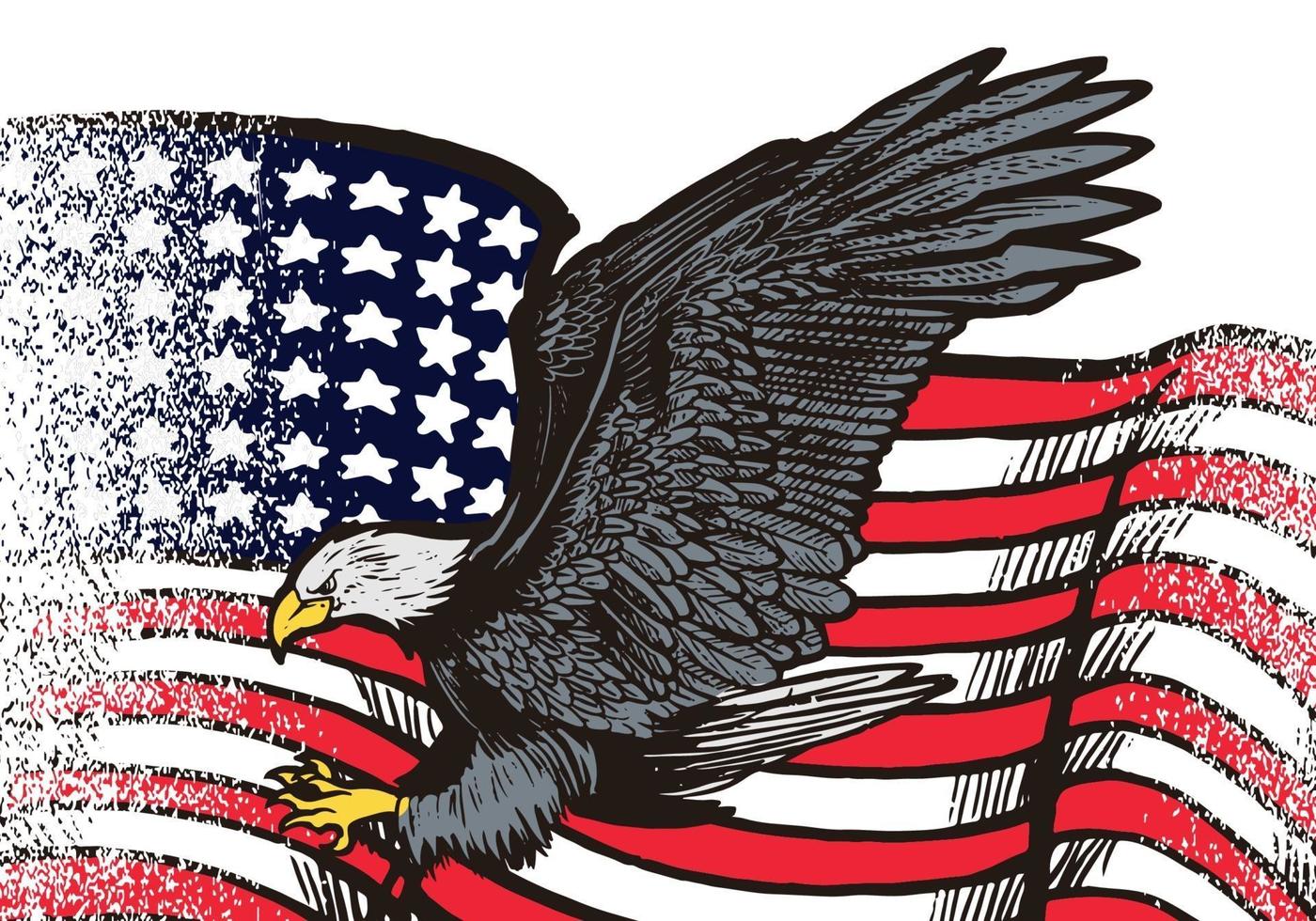 Hand gezeichneter fliegender Adler mit amerikanischer Flaggenillustration lokalisiert auf weißem Hintergrund. fliegender Adler mit amerikanischer Flagge für Logo, Emblem, Tapete, Plakat oder T-Shirt. amerikanisches Symbol der Freiheit. vektor