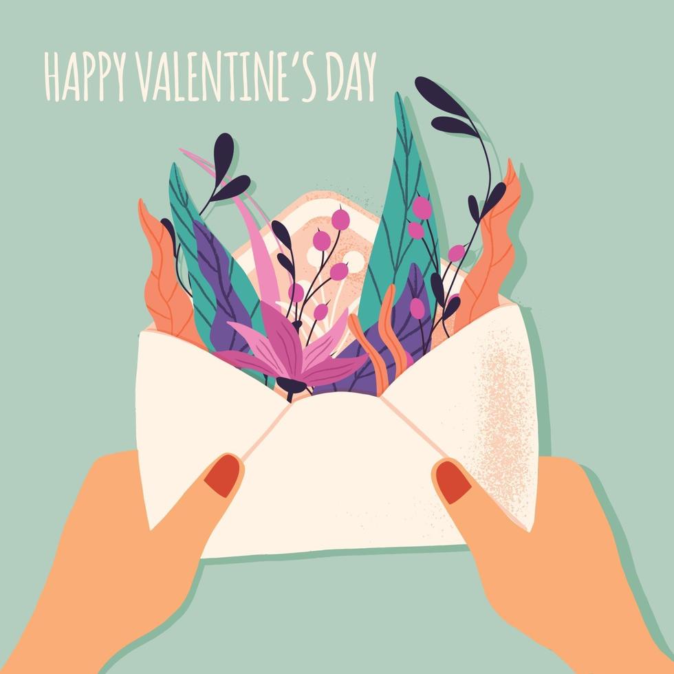 kuvert med kärleksbrev. färgrik handritad illustration med handbokstäver för glad alla hjärtans dag. gratulationskort med blommor och dekorativa element. vektor