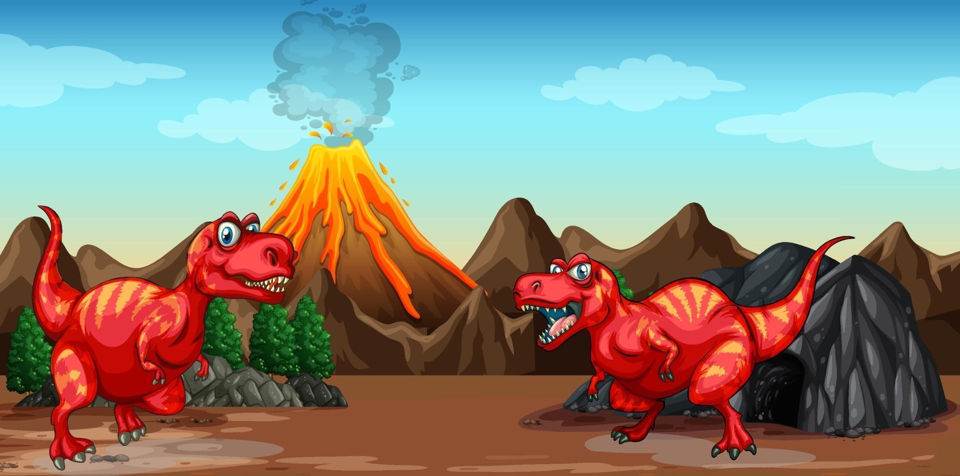 zwei Dinosaurier-Zeichentrickfigur in der Naturszene vektor