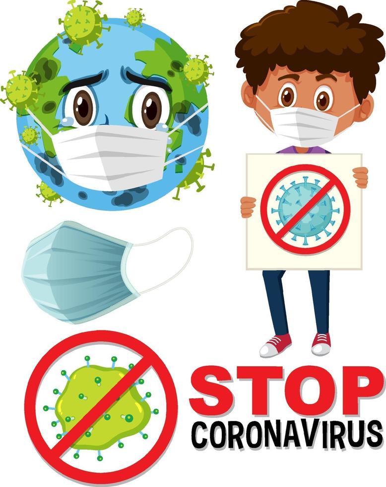 stoppa coronavirus logotyp med jorden bär mask seriefigur och pojke håller stopp coronavirus tecken vektor