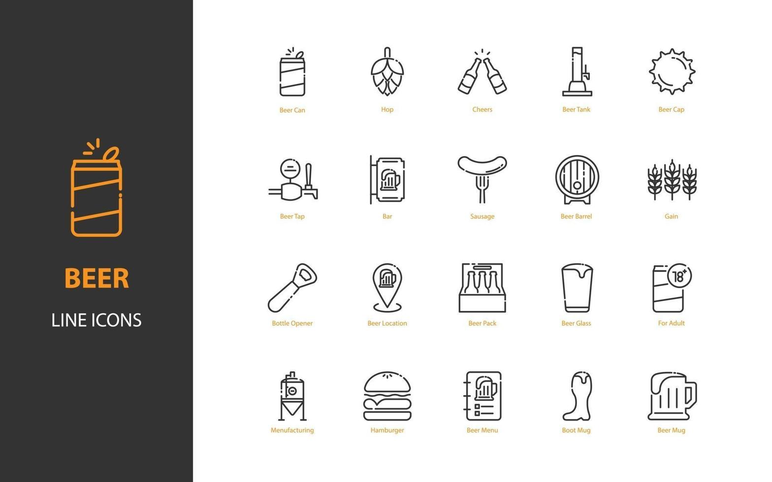 uppsättning öl tunn linje ikoner, bryggeri, drycker, alkohol vektor