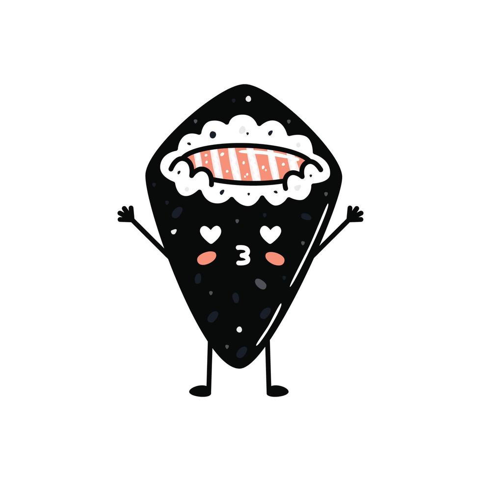 söt sushi maskot i tecknad serie stil. söt temaki med lax för meny vektor