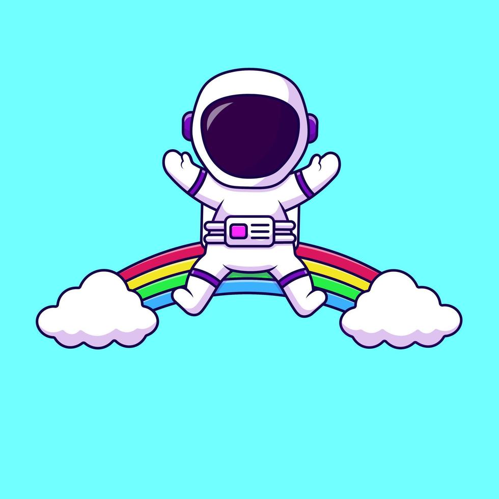 niedlicher astronaut, der auf regenbogenwolkenkarikatur-vektorikonenillustration sitzt. flaches karikaturkonzept. geeignet für jedes kreative Projekt. vektor