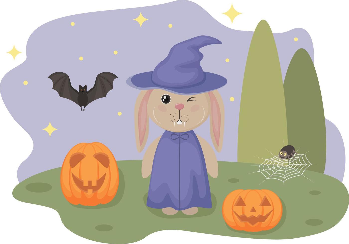 halloween. de bild av en kanin i en häxa s hatt omgiven förbi pumpor och en fladdermus med en Spindel, mot de bakgrund av de starry himmel. vektor illustration