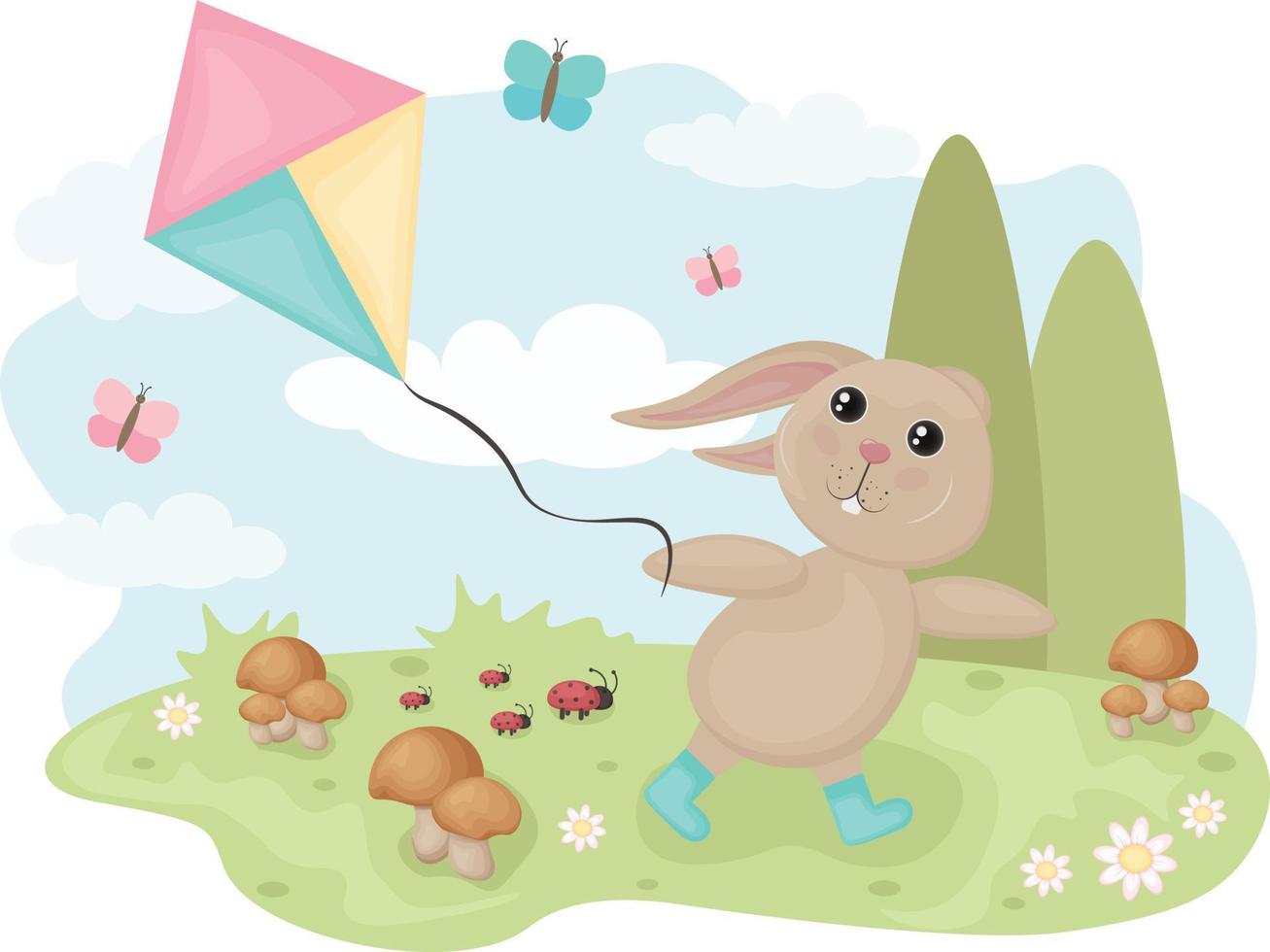 kanin med en drake. söt sommar illustration med en tecknad serie kanin löpning med en drake, i en fält med svamp och bär. vektor illustration
