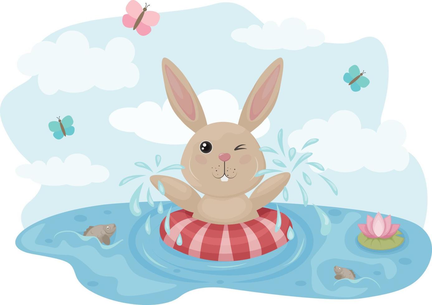 en kanin är simning i de sjö. sommar illustration med de bild av en badning hare. söt kanin med ett uppblåsbar cirkel på de bakgrund av flygande fjärilar. vektor illustration