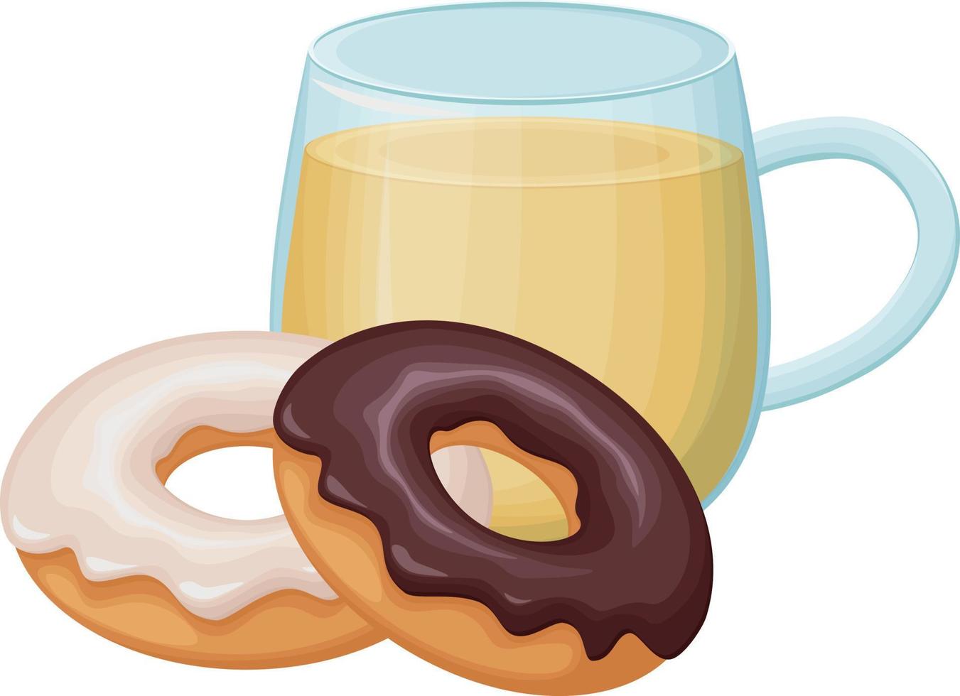 Tee mit Donuts. heißer Tee mit süßem Dessert. Schokoladen- und Sahnekrapfen mit einer Tasse Tee. Vektor-Illustration vektor