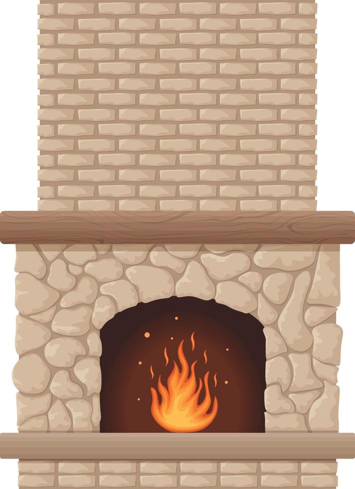 öppen spis. de bild av en sten öppen spis med brand. en brinnande flamma i de öppen spis. vektor illustration isolerat på en vit bakgrund