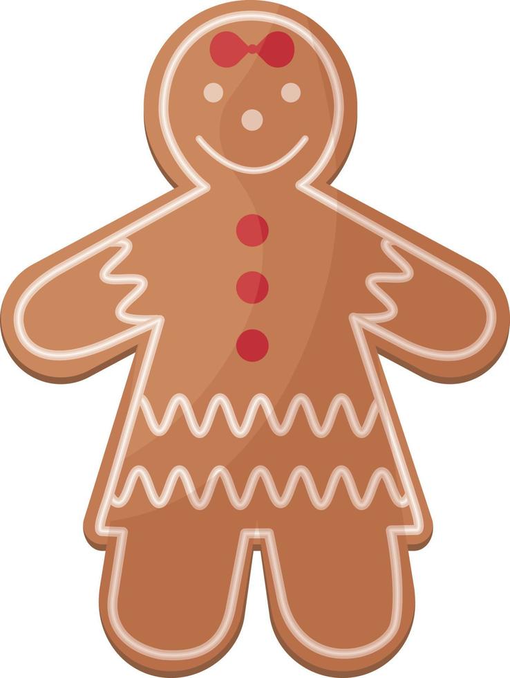 söt jul pepparkaka i en klänning. ny år s leende pepparkaka. festlig bakverk. jul småkakor i de form av en glad liten man. vektor illustration isolerat på en vit bakgrund