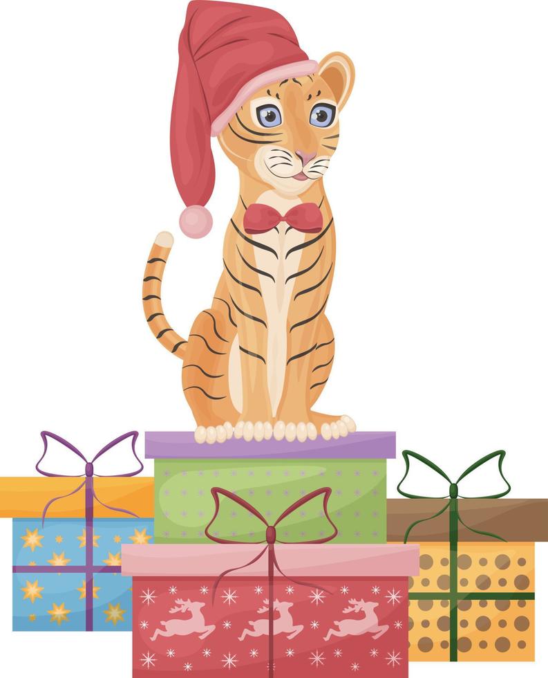 niedliche Weihnachtsillustration, die einen niedlichen Tiger in einem roten Hut sitzt auf Geschenkboxen kennzeichnet. ein Symbol für das neue Jahr. neujahrsillustration für kinder. Feiertagskarte, Vektorillustration vektor